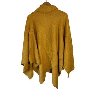 Chunky Mustard Knit Poncho Sweater Turtleneck One Size Lagenlook Cozy Fall Cape